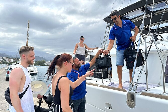 Ag. Nikolaos: Catamaran Trip with Sushi, Drinks, & Water Toys - Leaving Agios Nikolaos for Mirabello Gulf